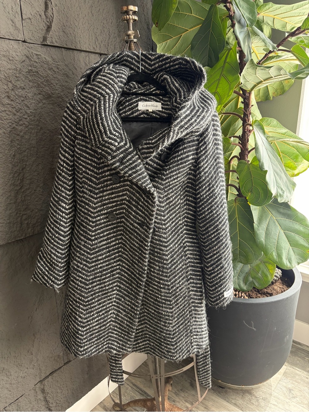 Calvin Klein Black & White Chevron Hooded Coat